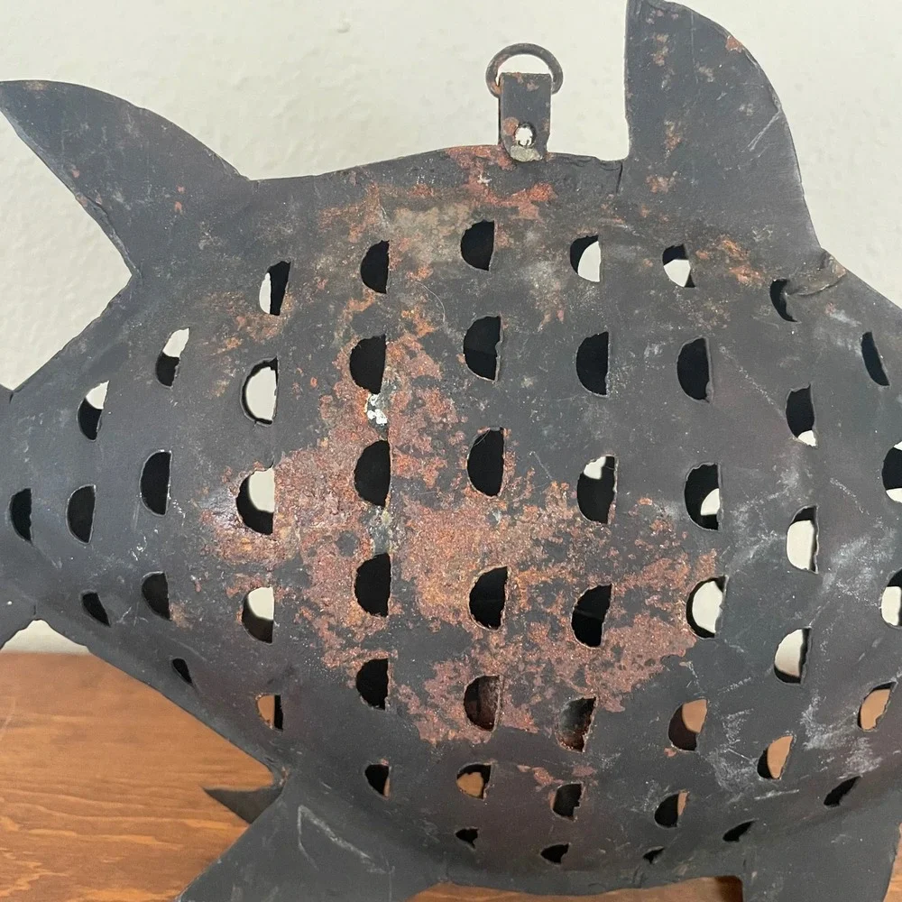 Rustic Metal Handcrafted Fish Tea Light/Candle Holder Lantern Distressed‎ READ